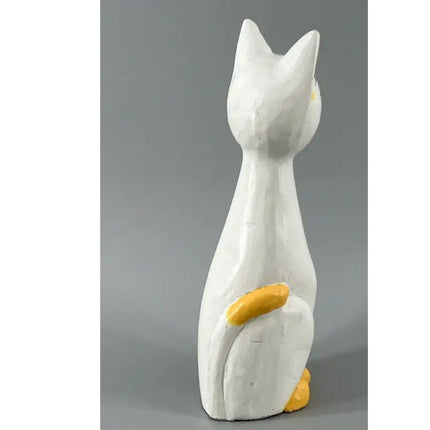 Figurina din lemn "Pisica", sculptata manual, alb/galben - lucrata manual