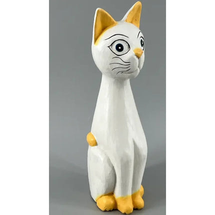 Figurina din lemn "Pisica", sculptata manual, alb/galben - lucrata manual