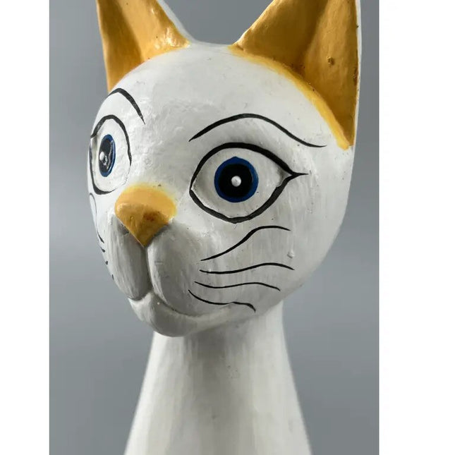 Figurina din lemn "Pisica", sculptata manual, alb/galben - lucrata manual